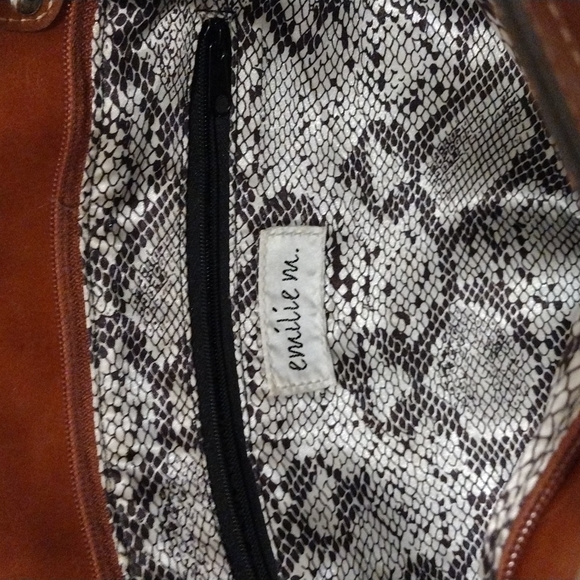 EMILIE M. BROWN FAUX LEATHER ZIPPERED and CLOTH HANDBAG - Picture 9 of 9